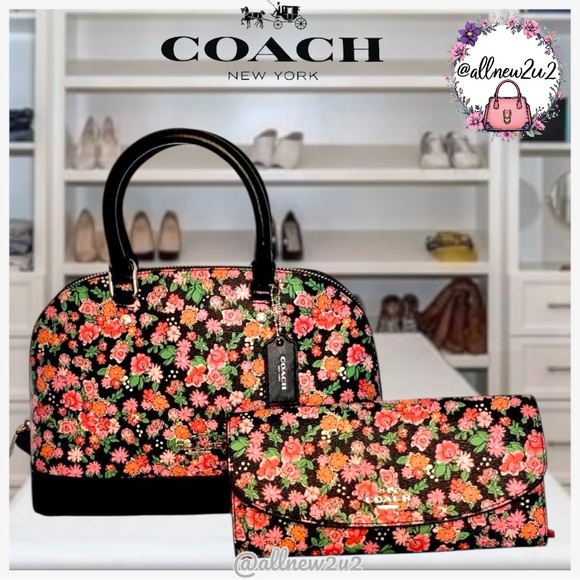 Coach Handbags - COACH Sierra Posey Cluster Floral Coated Canvas Satchel Bag Black/Pink  Wallet